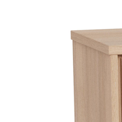Close-up of a light natural wood furniture corner, showing the top edge and side panel against a plain white background.