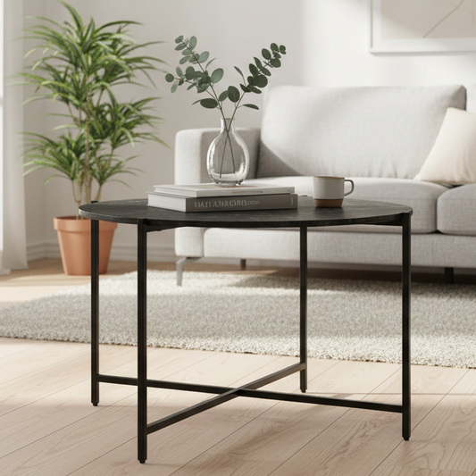 Lamoine Coffee Table Round With Marble Melamine Top And Strong Metal Base 70cm
