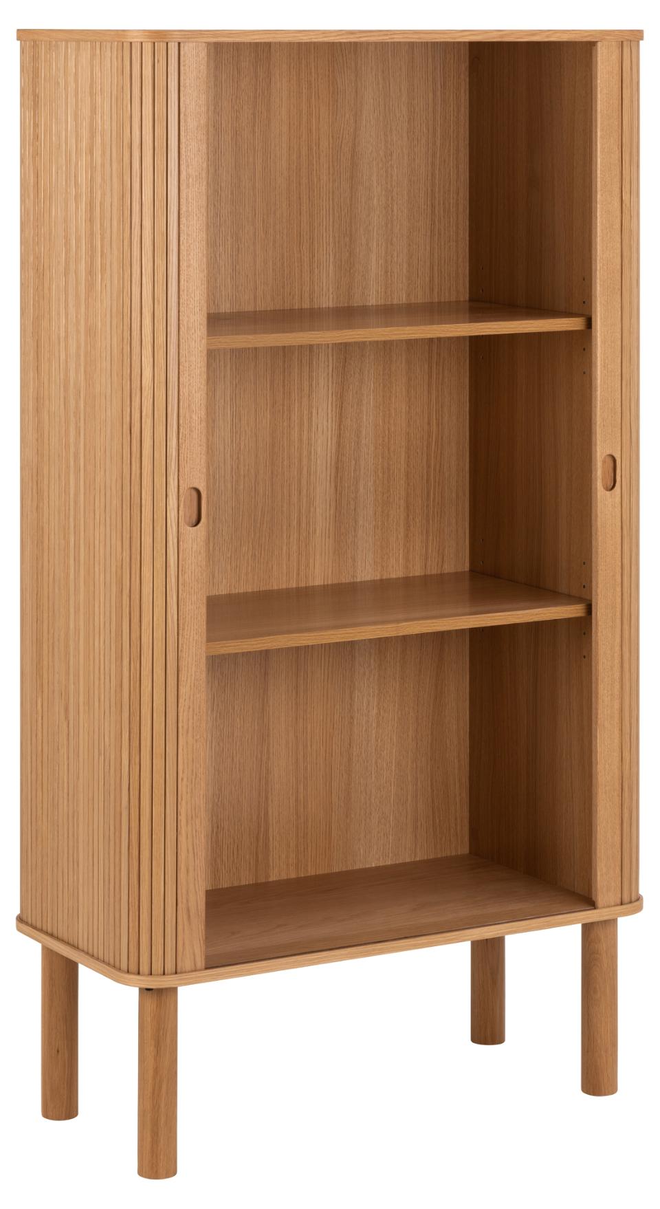 Wooden cabinet with three shelves on a white background