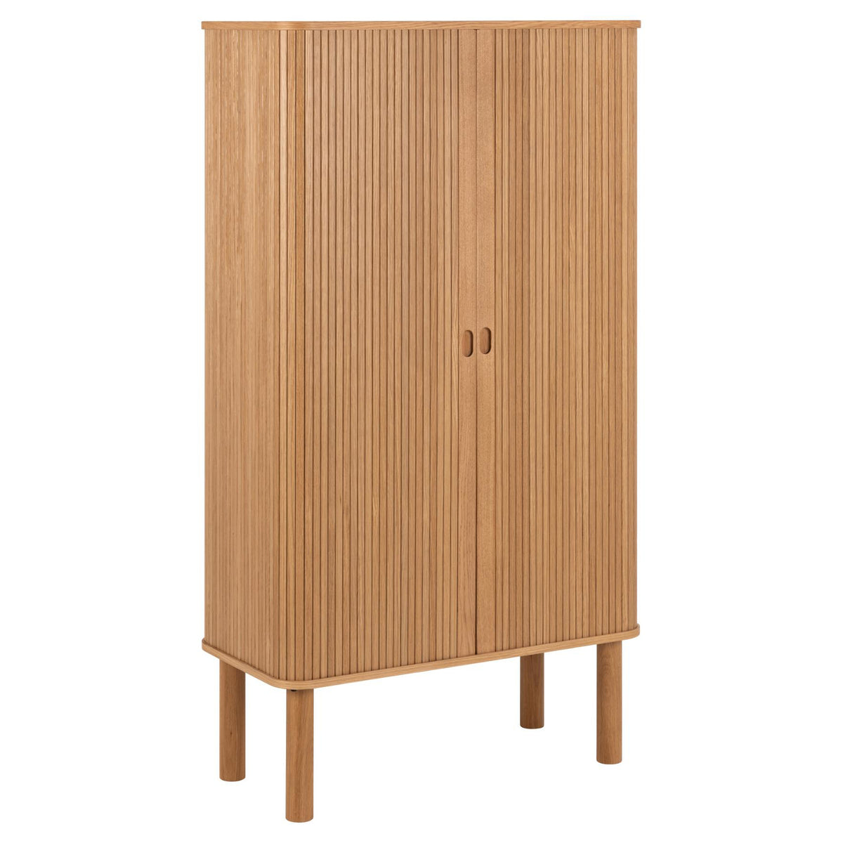 Rectangular oak display cabinet with sliding doors and round corners, featuring a lamella front design.