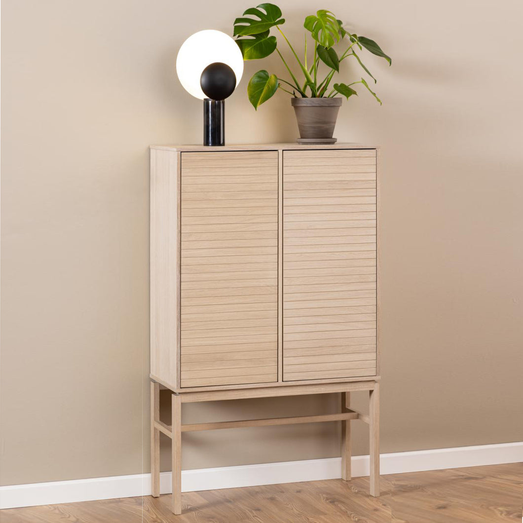 Linley Lamella Cabinet In White Oak With Push To Open Doors And 4 Shelves 150x91x40cm