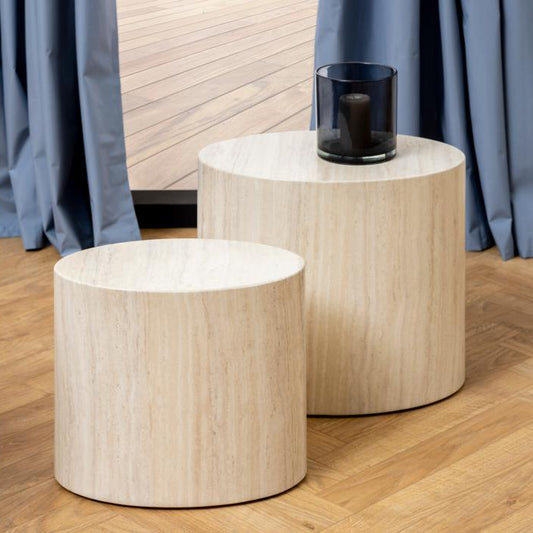 Mice Coffee Side Table Set In Travertine 2pcs Oval Design Space Saving Furniture 33x48x40cm