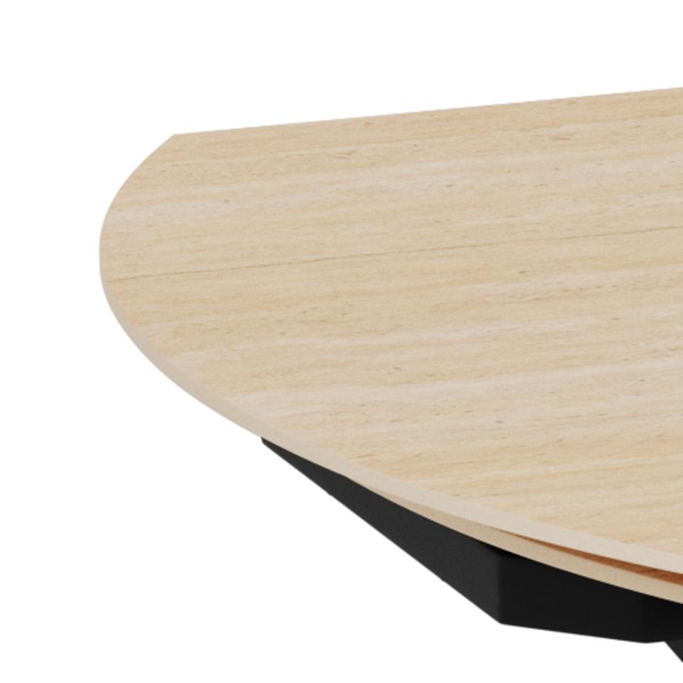 Close-up of a ceramic beige tabletop with a rounded corner and a black base edge, shown on a plain white background.