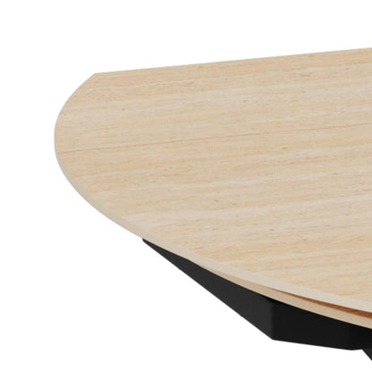 Close-up of a ceramic beige tabletop with a rounded corner and a black base edge, shown on a plain white background.