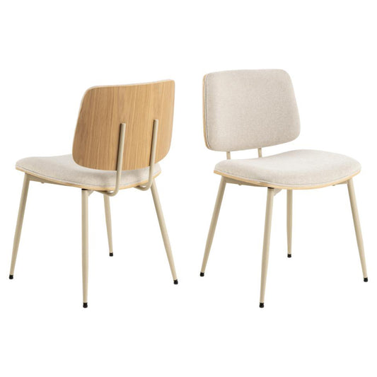 Owen Oak Dining Chair Set Of 2 Comfortable Beige Fabric Designer Chairs With Solid Metal Base