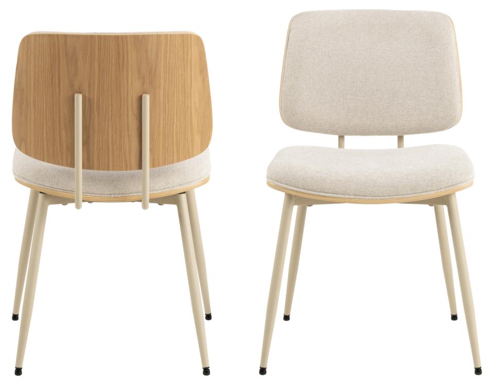 Owen Oak Dining Chair Set Of 2 Comfortable Beige Fabric Designer Chairs With Solid Metal Base
