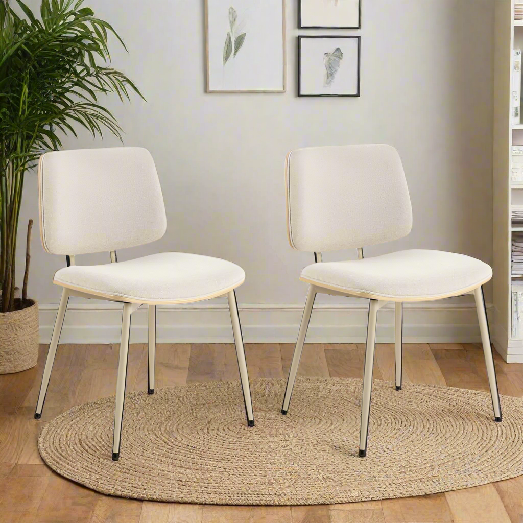 Owen Oak Dining Chair Set Of 2 Comfortable Beige Fabric Designer Chairs With Solid Metal Base