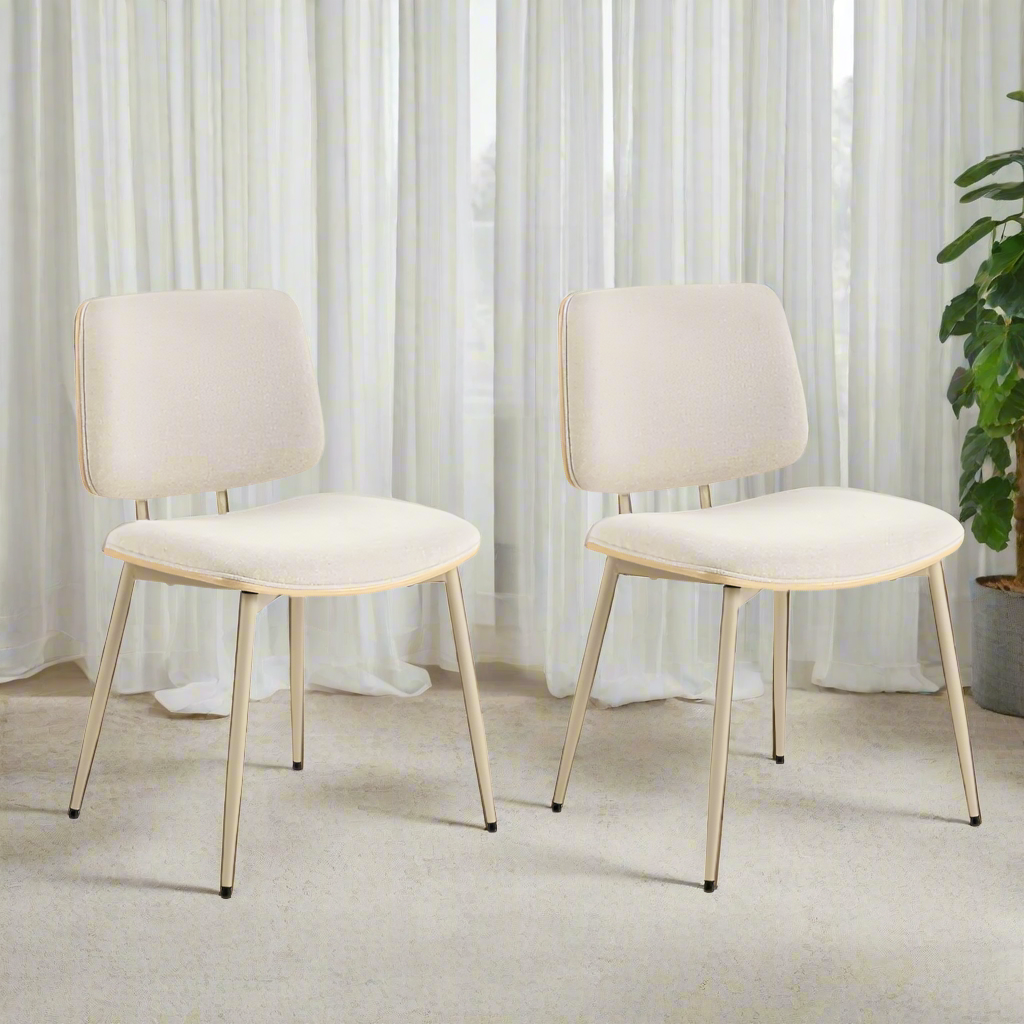Owen Oak Dining Chair Set Of 2 Comfortable Beige Fabric Designer Chairs With Solid Metal Base