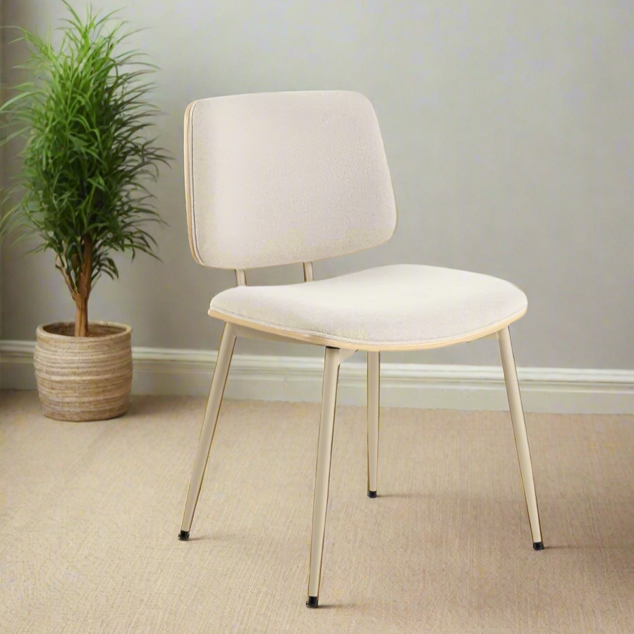 Owen Oak Dining Chair Set Of 2 Comfortable Beige Fabric Designer Chairs With Solid Metal Base