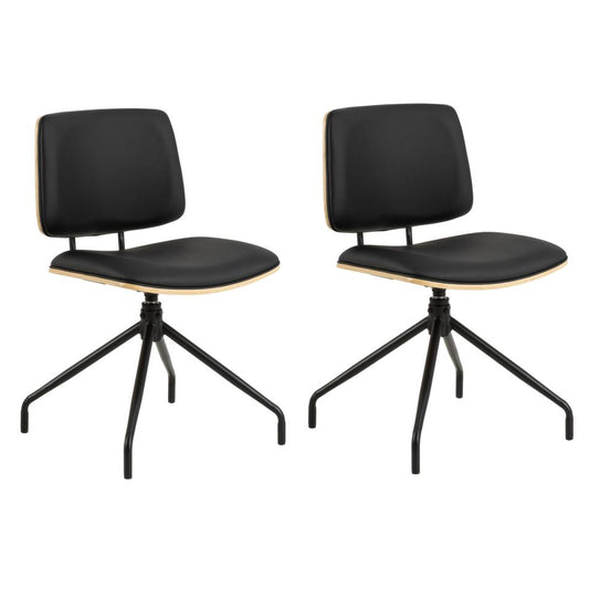 Owen Oak Swivel Dining Chair Set Of 2 Comfortable Black Leather Designer Chairs With Solid Metal Base