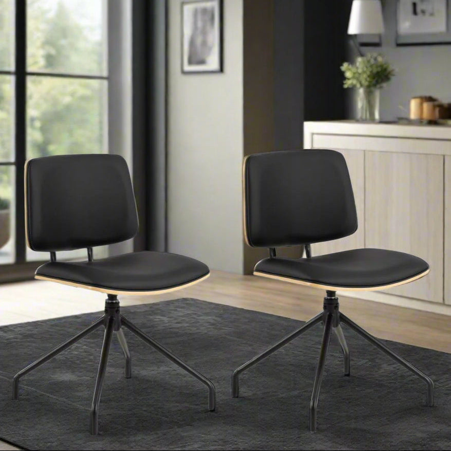 Owen Oak Swivel Dining Chair Set Of 2 Comfortable Black Leather Designer Chairs With Solid Metal Base