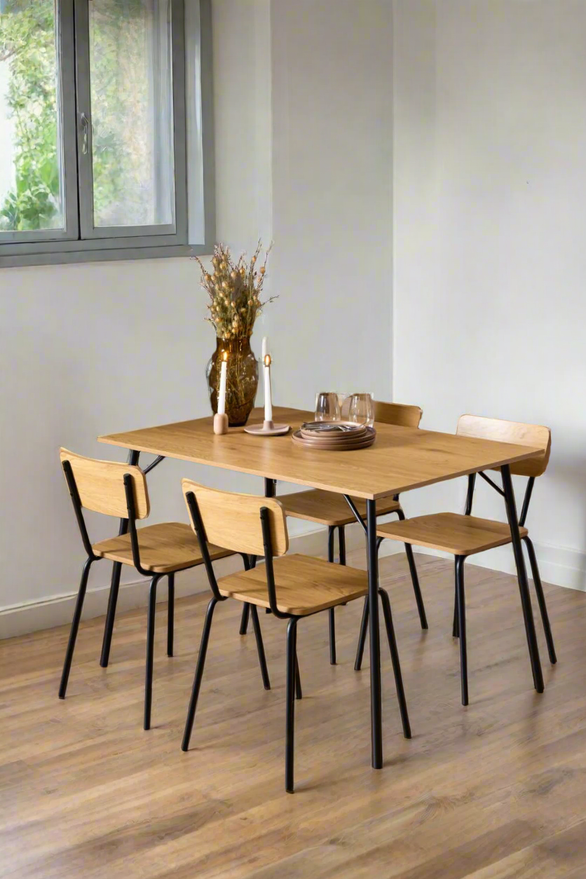 Peru Chene Oak Dining Chair Set Of 4 Comfortable Curved Wood Chairs With Solid Metal Base
