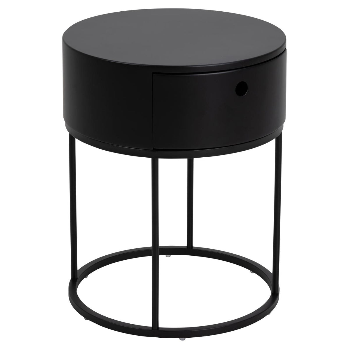 A modern black cylindrical side table with a single drawer and open wire frame legs, shown against a plain white background.