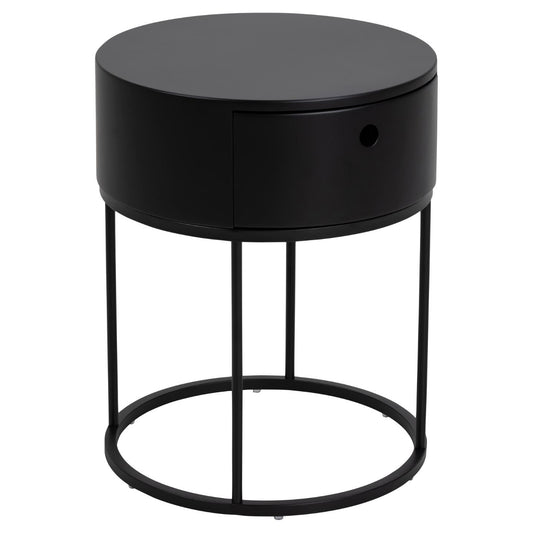 A modern black cylindrical side table with a single drawer and open wire frame legs, shown against a plain white background.