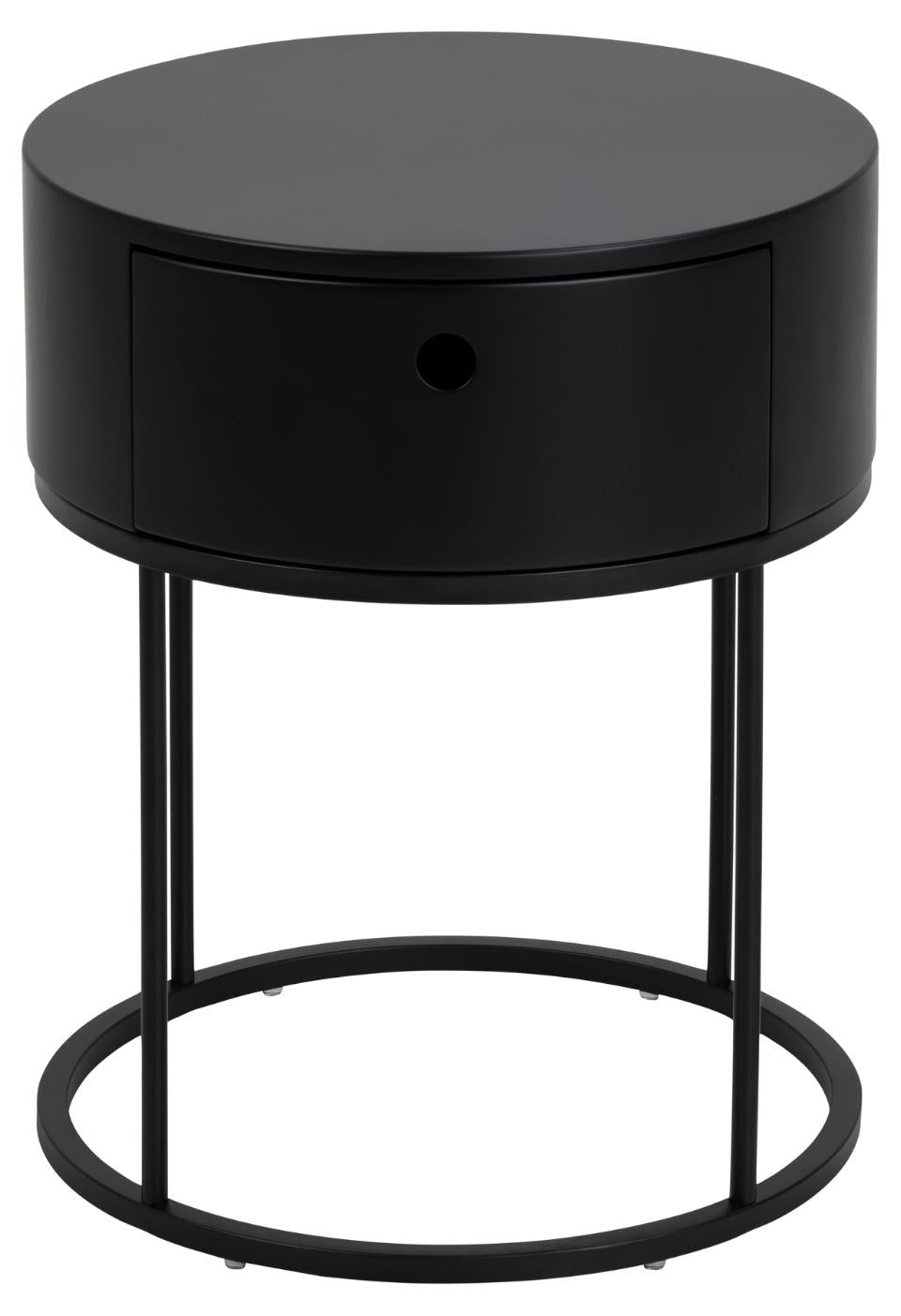 A modern round black end table with a single drawer and open metal wire frame base, shown on a plain white background.