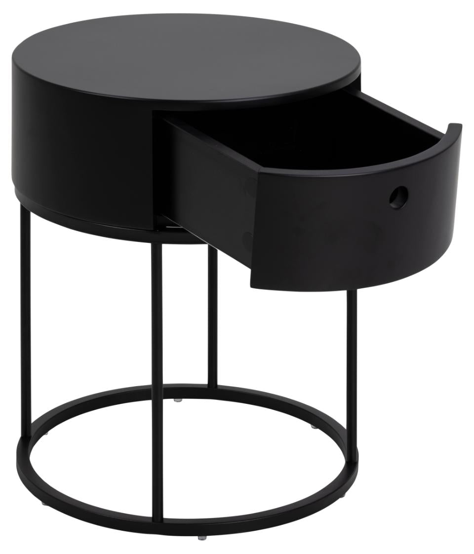 Black round side table with a drawer on a white background