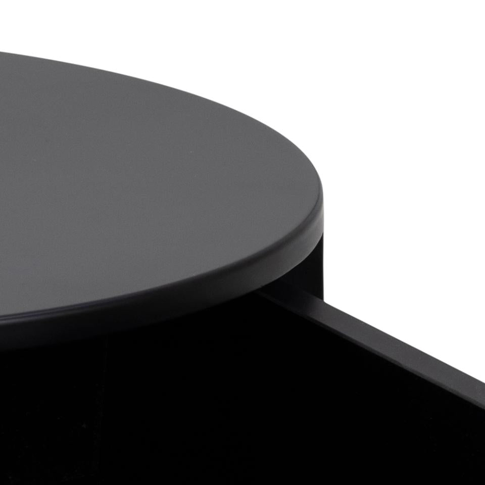 Close-up of a black round table on a white background