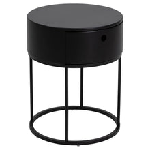 Load image into Gallery viewer, A modern black cylindrical side table with a single drawer and open wire frame legs, shown against a plain white background.
