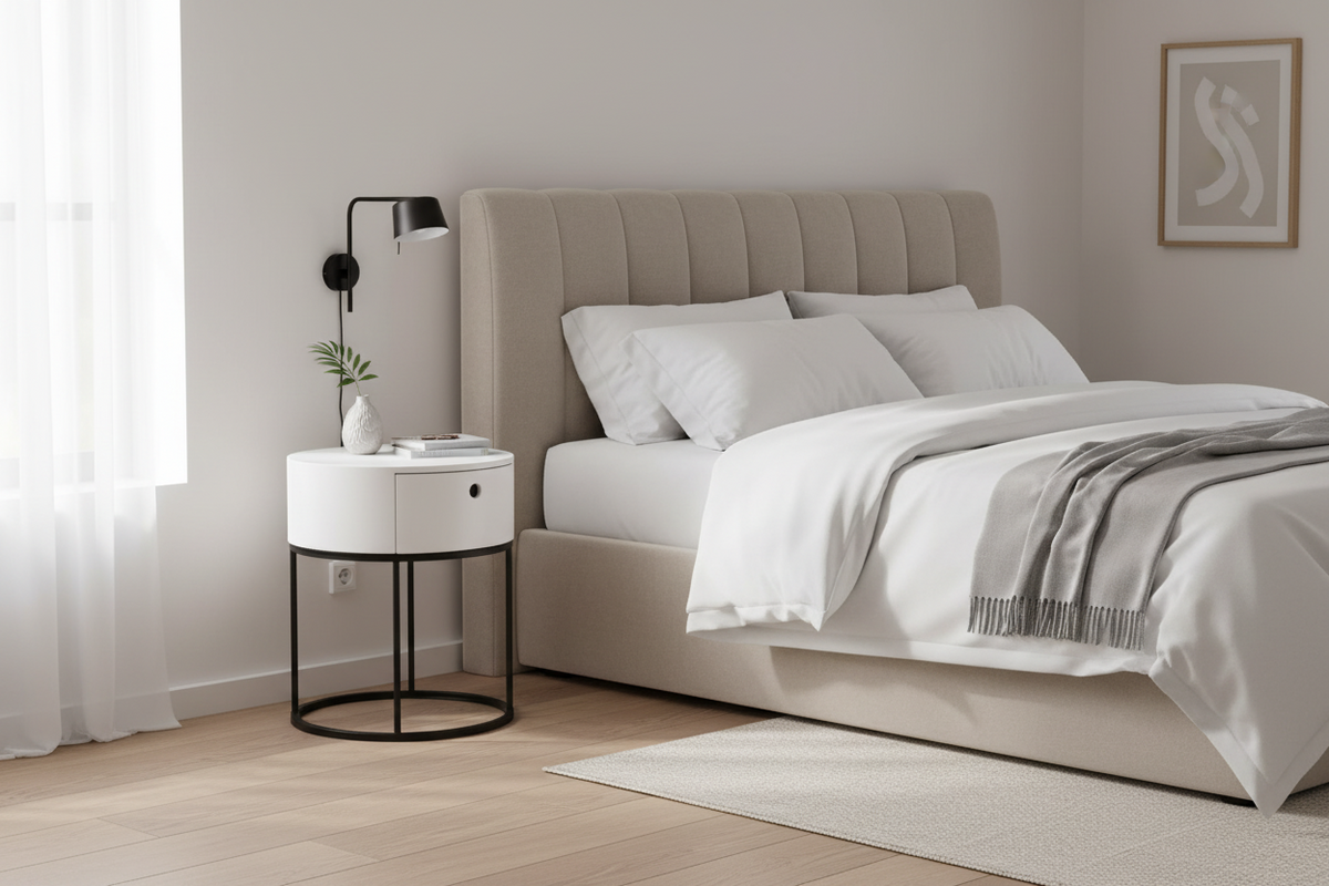 A modern bedroom scene featuring a bed with white linens and a beige upholstered headboard, styled with a white nightstand, black wall lamp, light wood flooring, and sheer curtains.