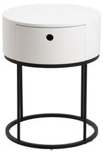 Load image into Gallery viewer, Round side table with white top and black metal base on a white background
