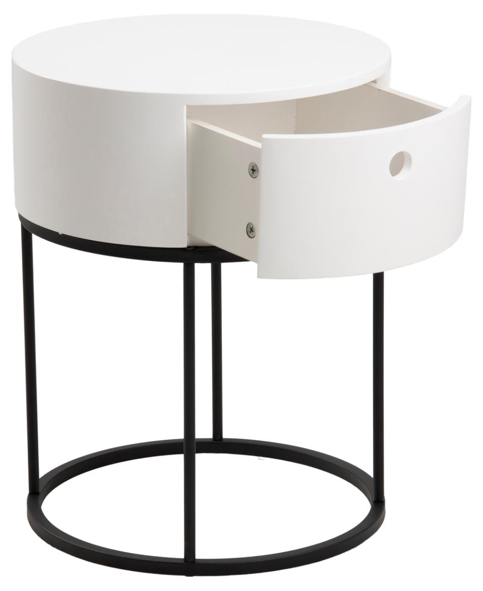 White round side table with a black metal base on a white background