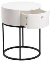 Load image into Gallery viewer, White round side table with a black metal base on a white background
