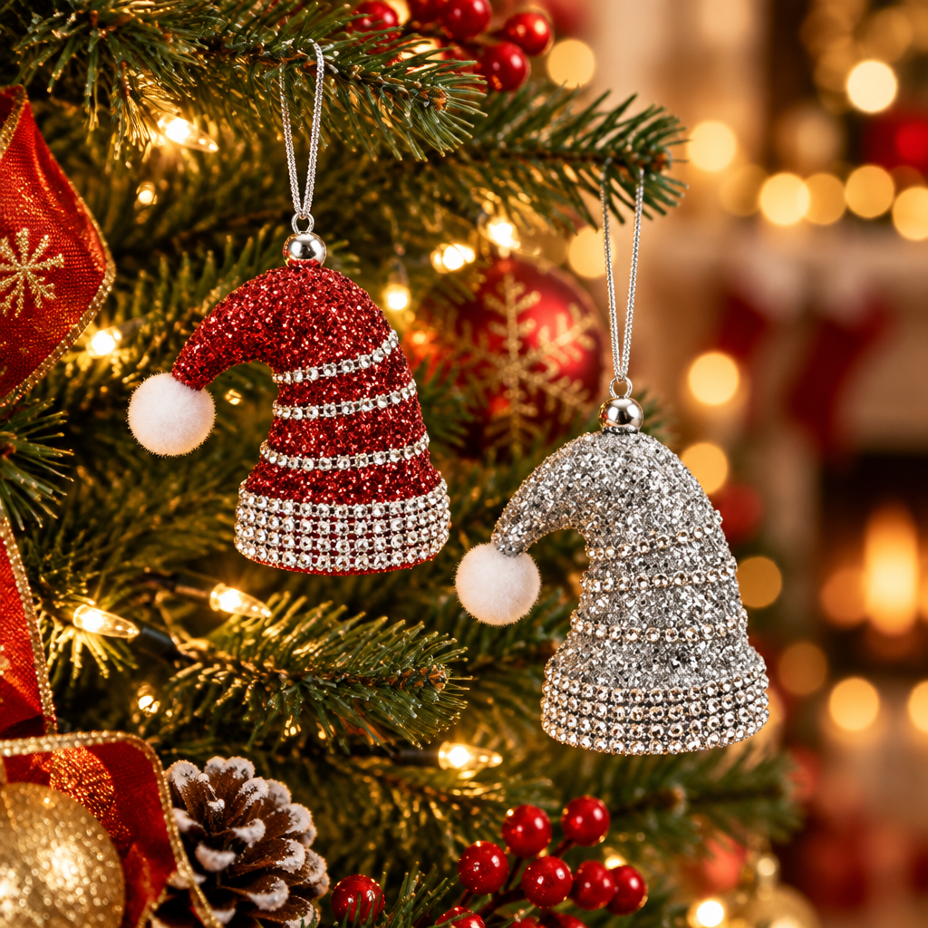 Two rhinestone Santa hat Christmas ornaments, one red and one silver, hanging on a decorated Christmas tree with warm lights and festive ornaments in the background.