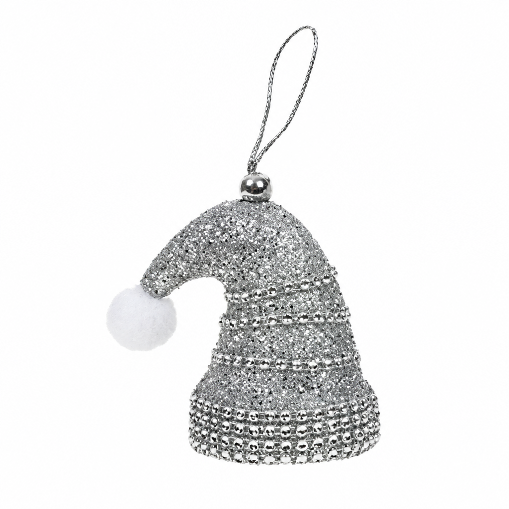 A silver glitter Santa hat Christmas ornament with a white faux-fur pom-pom and a silver hanging loop, shown on a plain white background.