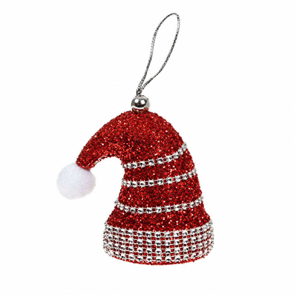 A red glitter Santa hat Christmas ornament with a white faux fur pom-pom and a silver hanging loop, shown on a plain white background.