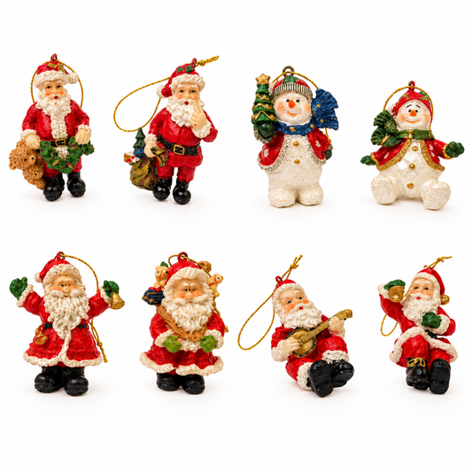 A collection of eight vintage style Santa and snowman hanging ornamental hand-painted Christmas baubles in various designs.