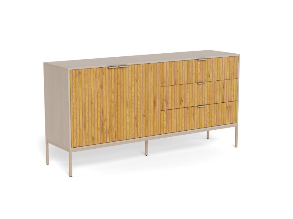 A mid-century modern sideboard cabinet with a light beige wood grain finish, featuring a top surface, two cabinet doors, and three drawers on a slim metal frame with legs.
