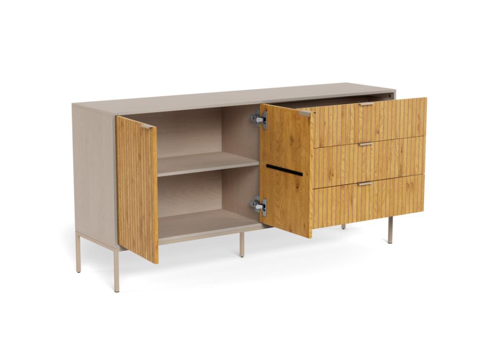 A Seaford modern sideboard cabinet with a grey wood finish and a natural brown oak lamella door panel, shown with one door open to reveal shelves and two drawers with vertical grain panels.