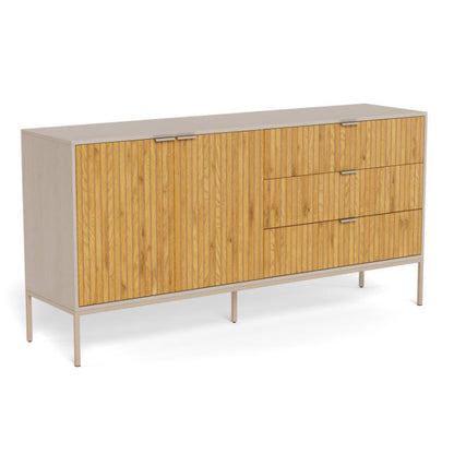 A Seaford modern sideboard cabinet with a light beige wood-grain finish, featuring two cabinet doors and three drawers on a slim metal frame with legs.