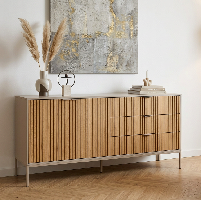 A large Seaford 160cm sideboard with grey frame and lamella oak brown front in a modern home with wood flooring