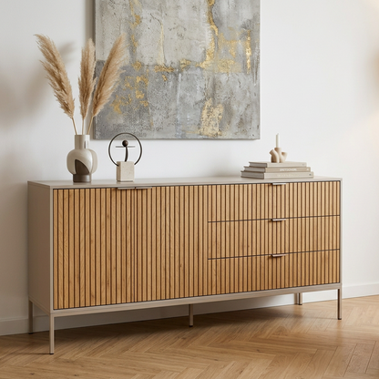 A large Seaford 160cm sideboard with grey frame and lamella oak brown front in a modern home with wood flooring