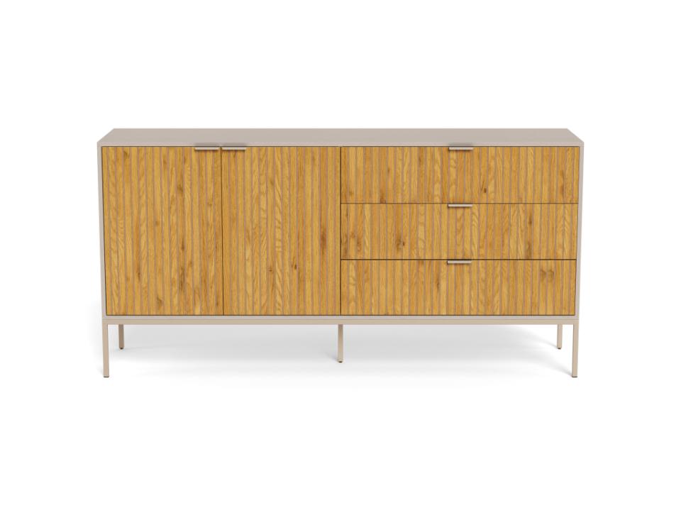 Seaford modern sideboard cabinet with a natural wood grain finish, featuring two cabinet doors on the left and three drawers on the right, supported by slim metal legs.