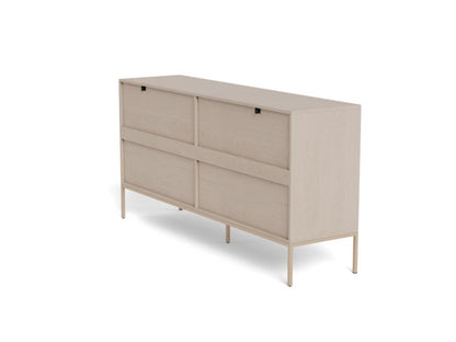 Rear view of a Seaford grey sideboard with slim metal legs and small black wall hangers shown on a white background.