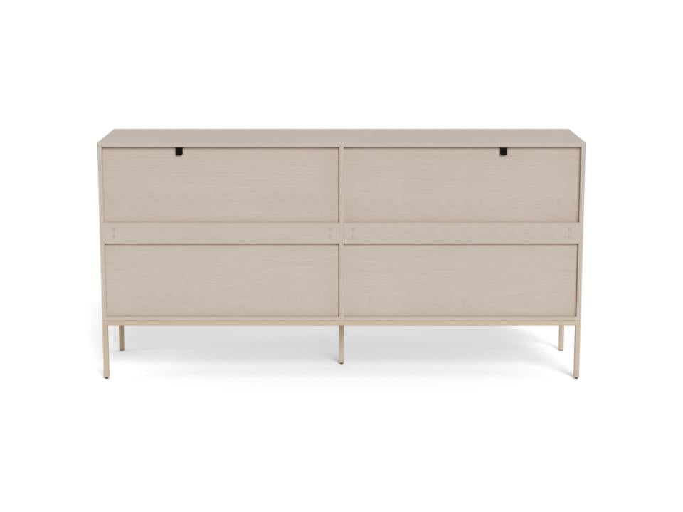 Rear view of the Seaford grey sideboard with slim metal legs and wall hangers shown against a plain white background.