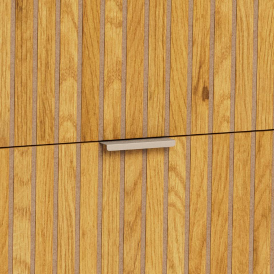 Close-up of a modern cabinet door with vertical wood grain panels and a slim horizontal metal pull handle.