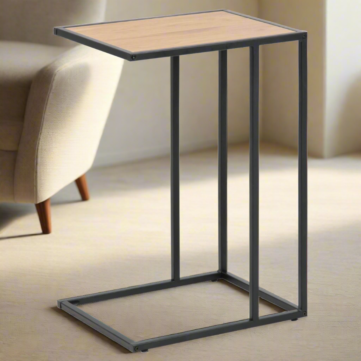 Over Arm C Shape Rectangle Side Table With Paper Oak Top And Metal Base 43x35cm