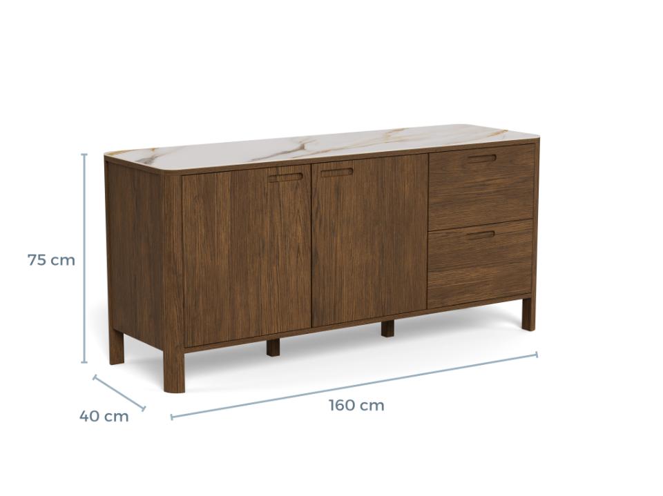 Wooden sideboard with dimensions on a white background