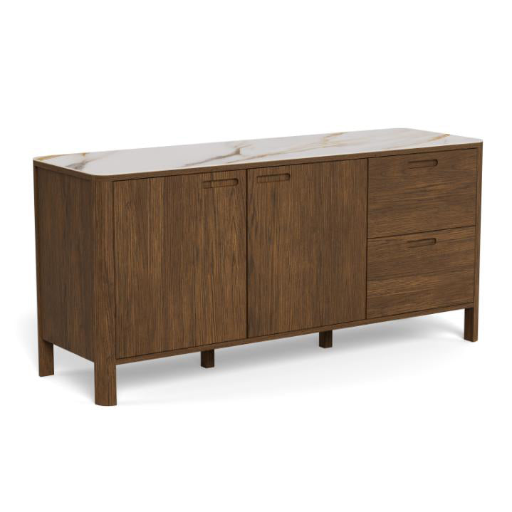 A mid-century modern Southampton sideboard cabinet with a dark brown wood grain finish, featuring two cabinet doors on the left and two drawers on the right, topped with a white ceramic surface.