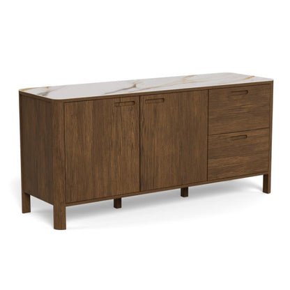 A mid-century modern Southampton sideboard cabinet with a dark brown wood grain finish, featuring two cabinet doors on the left and two drawers on the right, topped with a white ceramic surface.