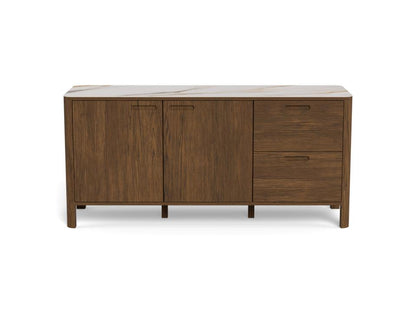 A mid-century modern sideboard with a dark brown wood grain finish, featuring two cabinet doors on the left and two drawers on the right, topped with a light beige ceramic top, shown against a plain white background.
