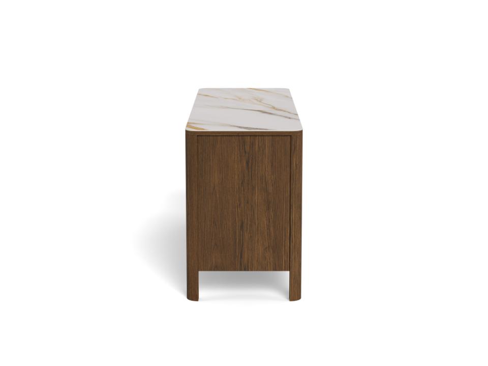 Side view of a Southampton sideboard with a dark brown wood grain finish and a white ceramic top featuring subtle gold veining, shown from a front-three-quarter angle on a white background.