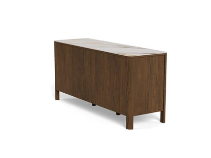 Rear view of a wooden sideboard with white ceramic top on a white background