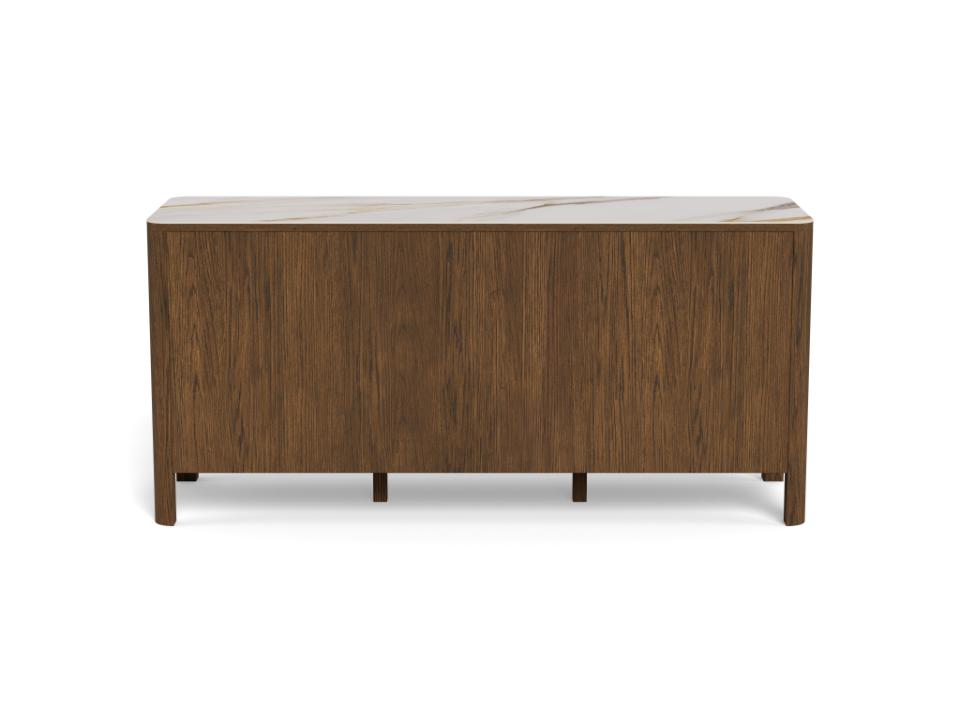 A modern sideboard with a warm brown wood grain finish and a light beige ceramic top, shown against a plain white background.