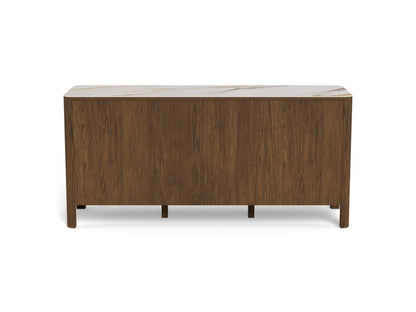 A modern sideboard with a warm brown wood grain finish and a light beige ceramic top, shown against a plain white background.