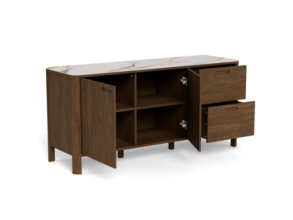 A modern wooden sideboard cabinet with a ceramic top, featuring one open door, one closed door, two open shelves, and two pull-out drawers on the right, shown on a white background.