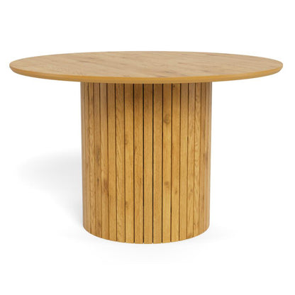 Yale oak round dining table with lamella base on a white background
